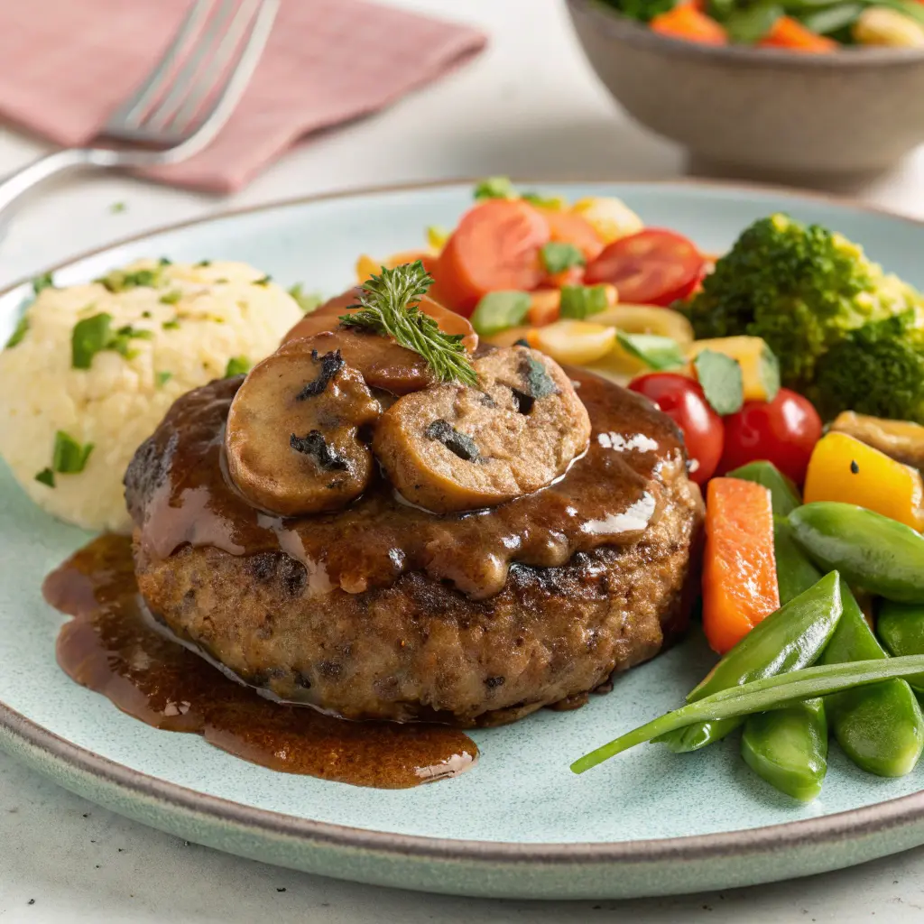 Vegan Lentil Salisbury Steak with roasted vegetables and creamy gravy