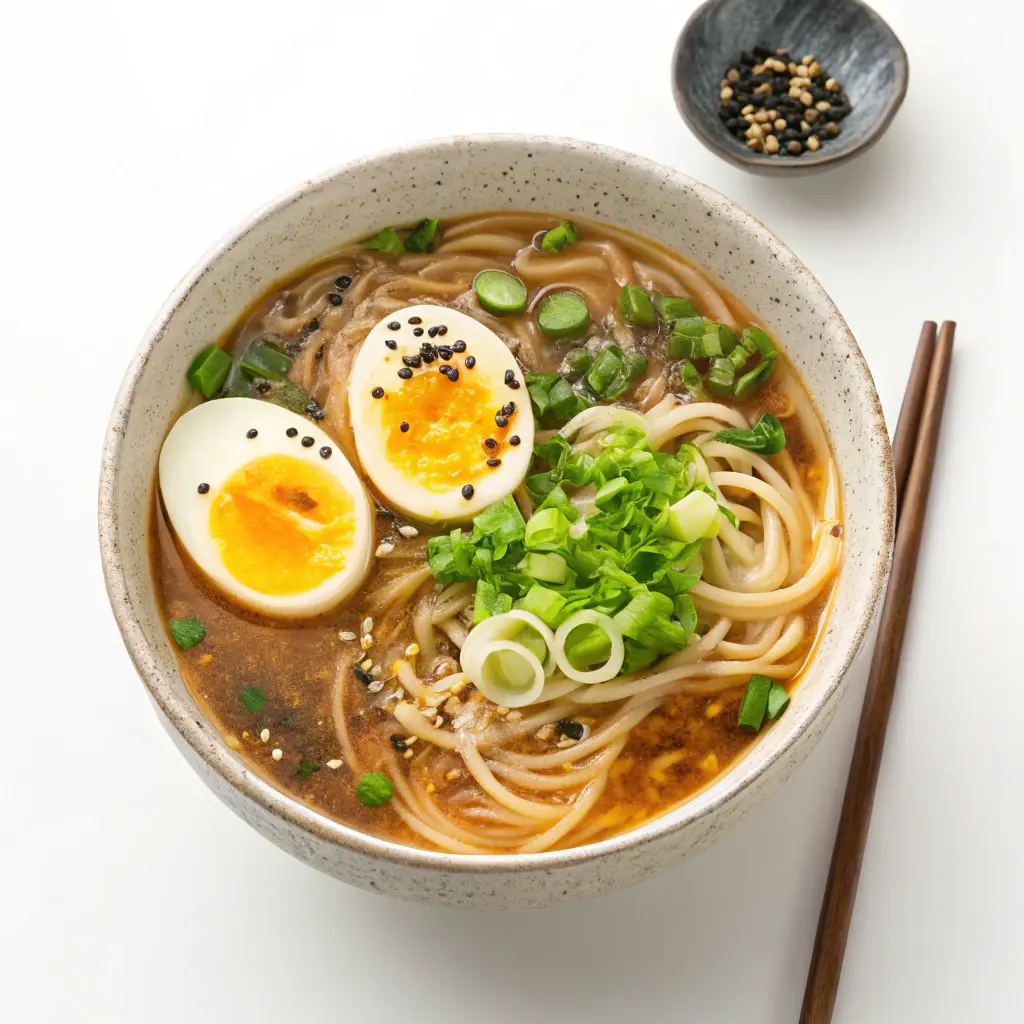 A bowl of Chef Woo Roasted Chicken Flavor Instant Ramen topped with eggs, scallions, and sesame seeds.