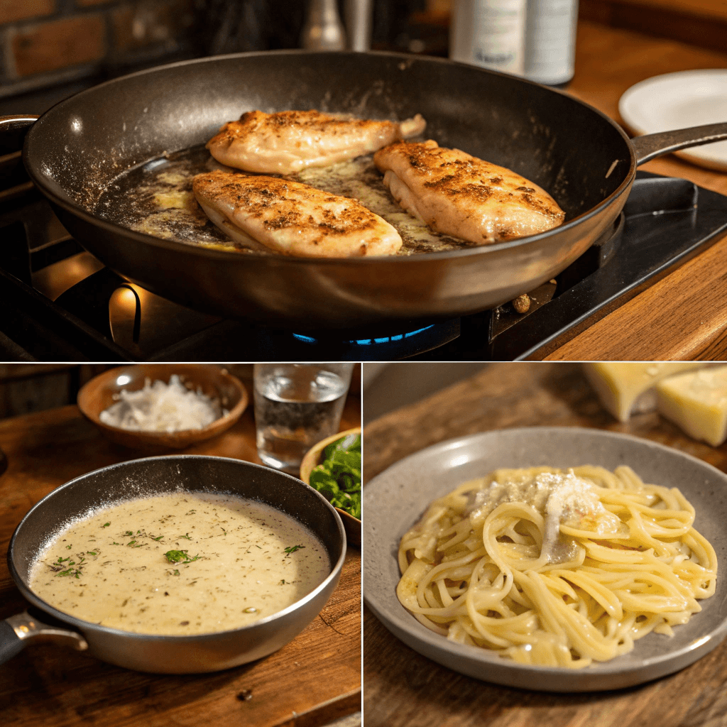 Step-by-step process of making Garlic Parmesan Chicken Pasta: searing chicken, preparing garlic Parmesan sauce, boiling pasta, and mixing ingredients
