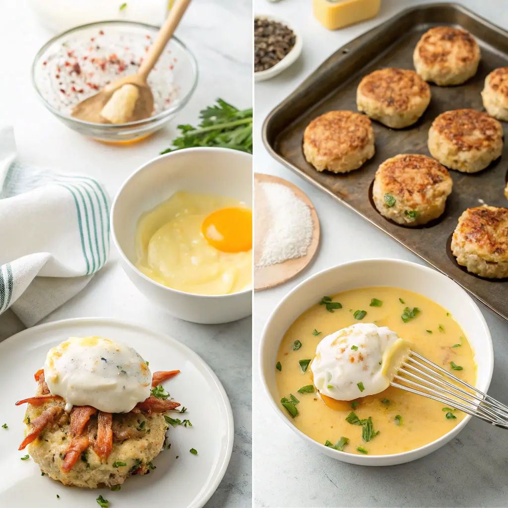 Step-by-step preparation of crab cake eggs Benedict, including shaping crab cakes, pan-searing, poaching eggs, and whisking hollandaise sauce.