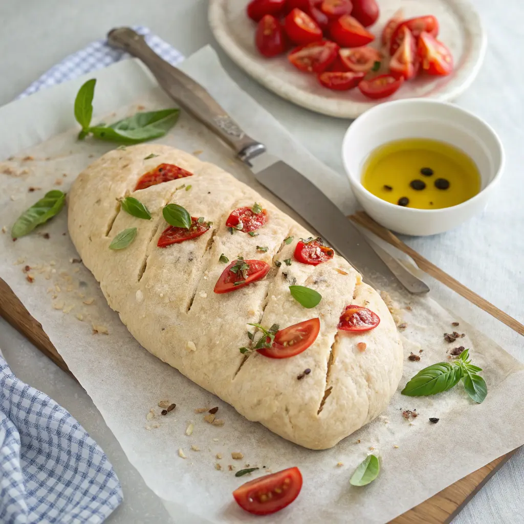 A raw, shaped loaf of Panera Tomato Basil Bread on parchment paper before baking, with scoring for a rustic look.