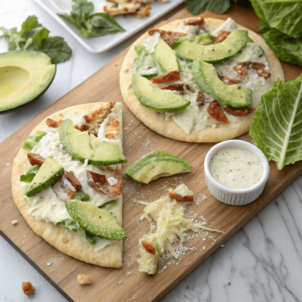 Variations of Chicken Crust Caesar Salad Pizza near me, with extra parmesan, bacon, and avocado toppings.