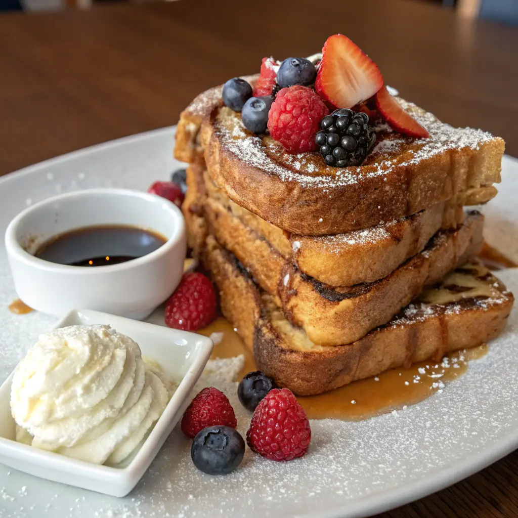  Cinnamon Roll French Toast topped with powdered sugar, maple syrup, and fresh berries