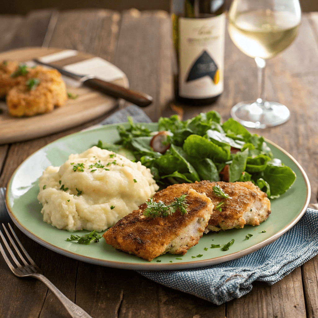 A dinner plate with crispy Parmesan chicken thighs, served with mashed potatoes and a fresh green salad
