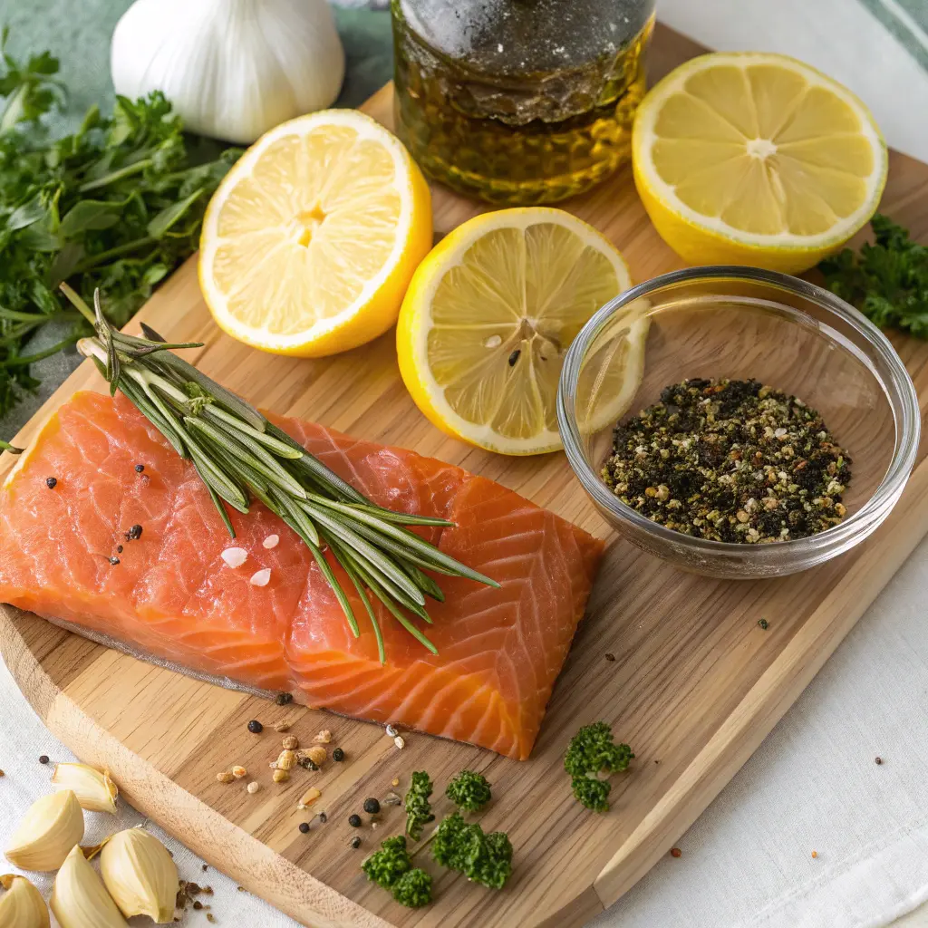 Marinade ingredients for grilled salmon including lemon and herbs