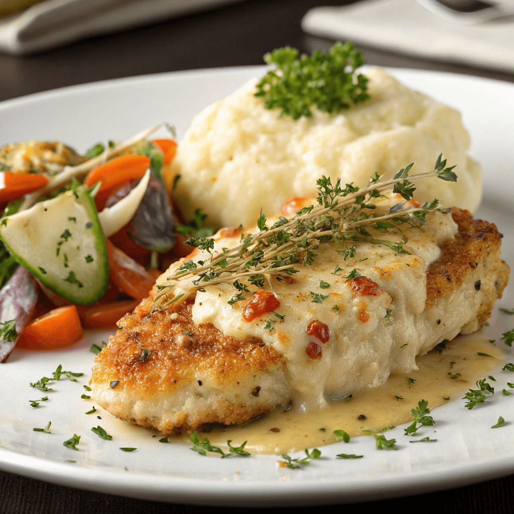 Close-up of Longhorn Steakhouse Parmesan Crusted Chicken with golden-brown parmesan topping, garnished with fresh herbs.