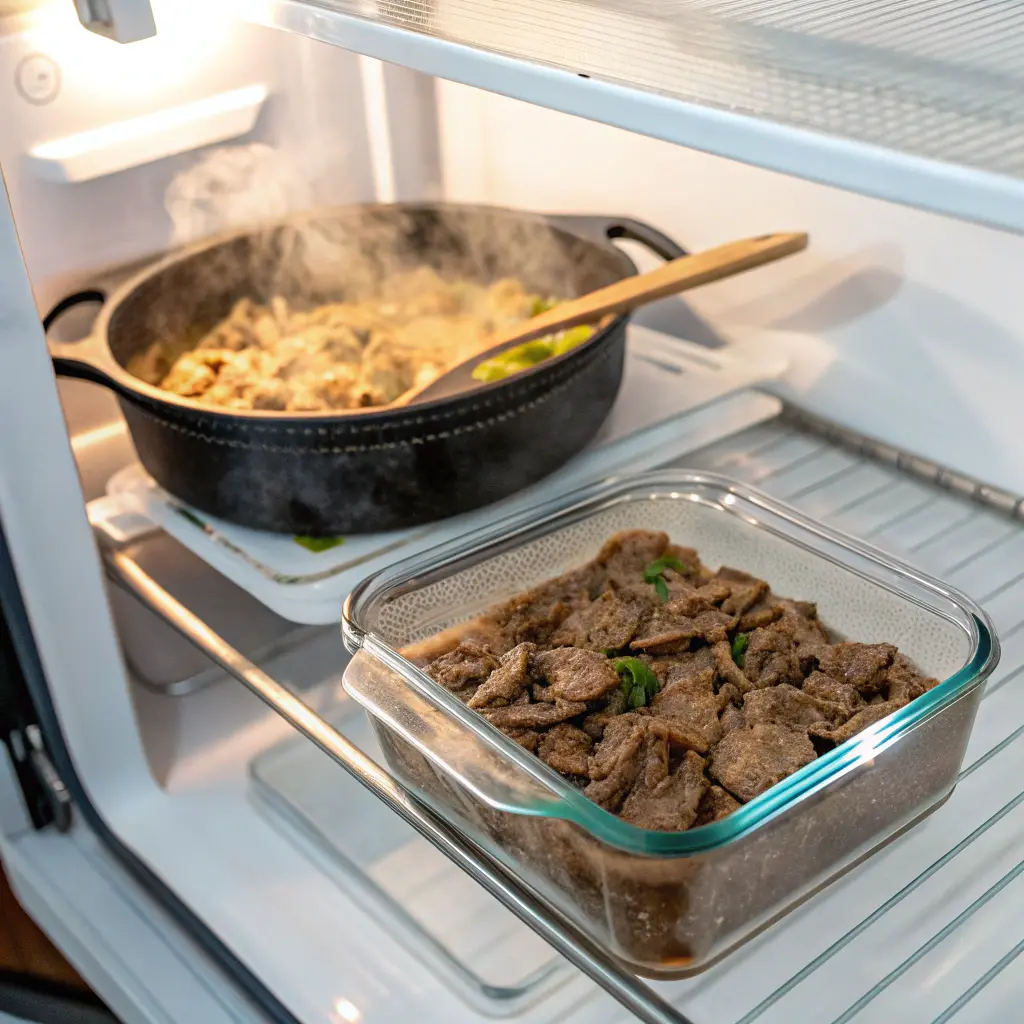 A container of gluten free beef stroganoff stored in the fridge, with a portion reheating in a pan, showing meal prep benefits and a comparison to grilled salmon calories.