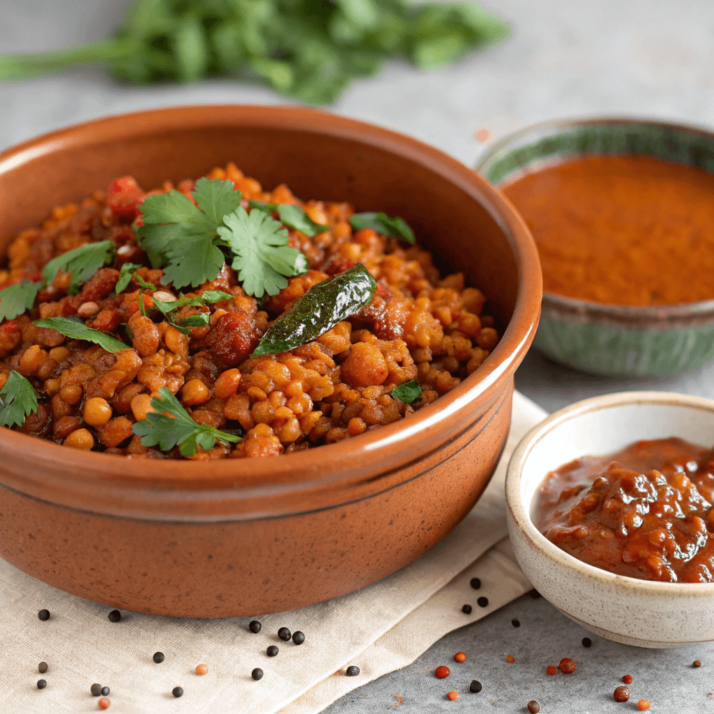  Spiced fried red lentils snacks in a ceramic bowl with chutney.
