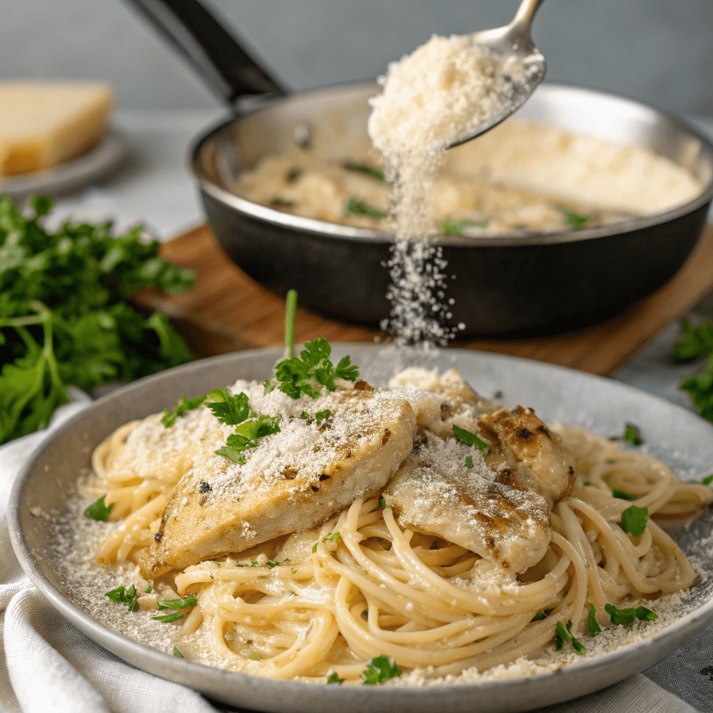 A perfectly plated Garlic Parmesan Chicken Pasta with extra Parmesan cheese and fresh parsley, creamy sauce coating the pasta evenly