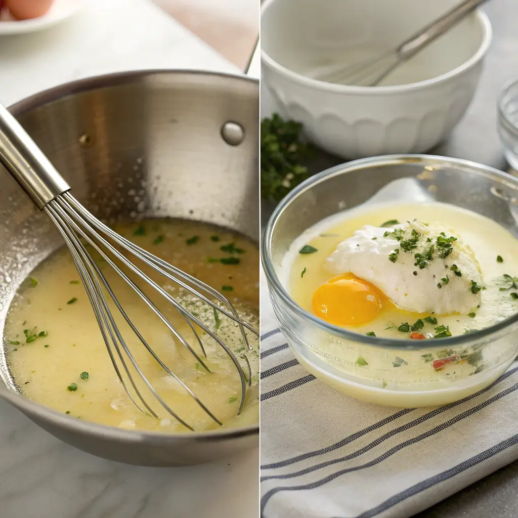  A split-screen showing egg poaching in simmering water and hollandaise sauce being whisked to a creamy texture.