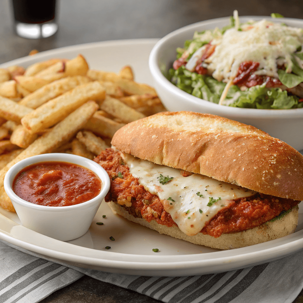 A Chicken Parmesan Sandwich served with crispy fries, Caesar salad, and a side of marinara sauce for dipping.