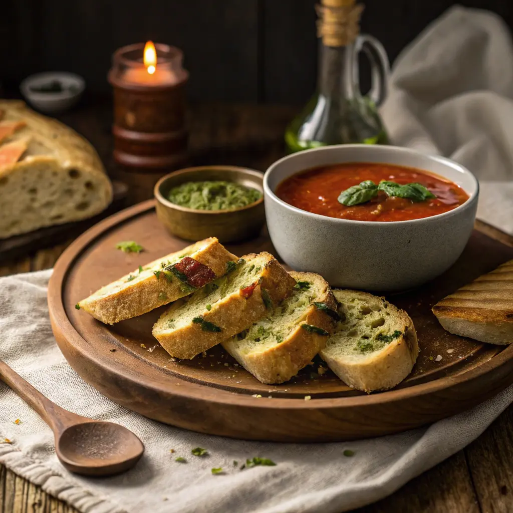 Slices of Panera Tomato Basil Bread served with tomato soup and basil pesto on a wooden plate.