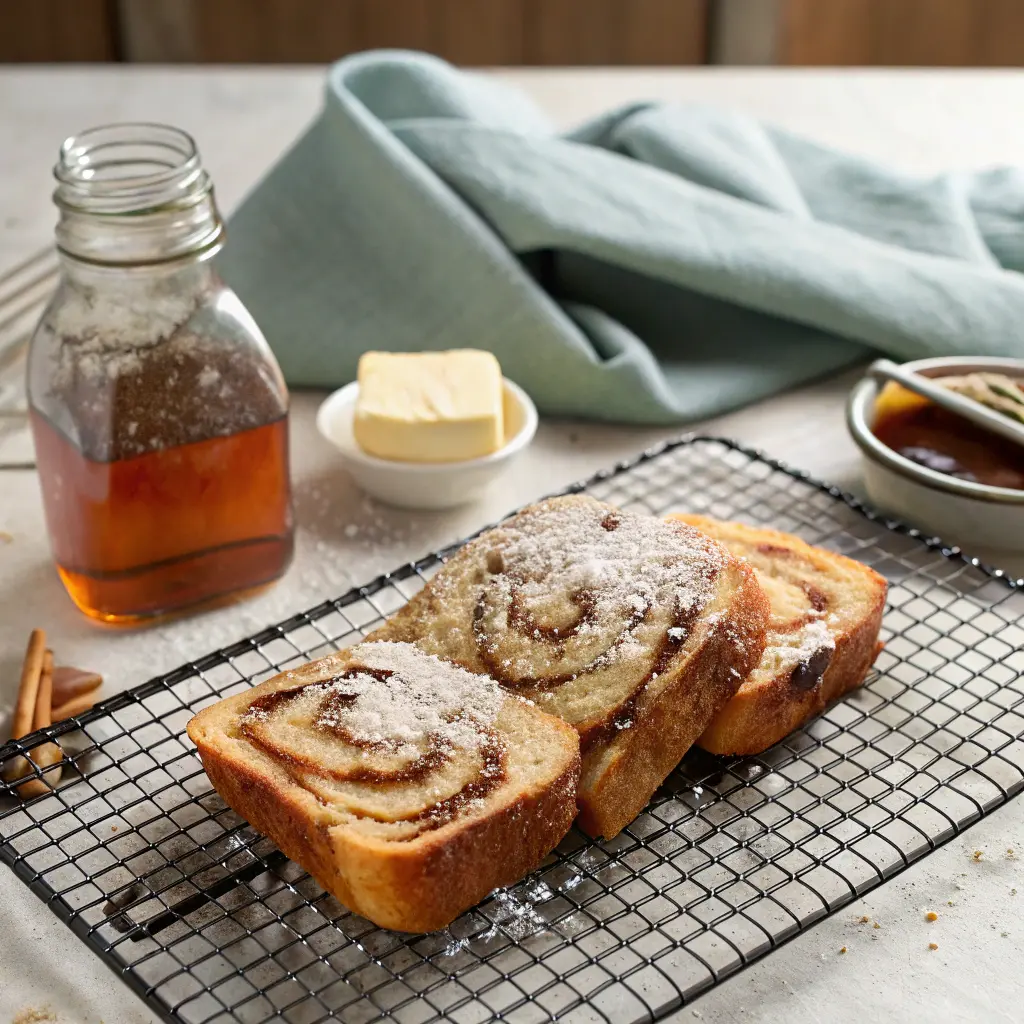 Cinnamon Roll French Toast slices resting on a cooling rack with maple syrup and butter nearby