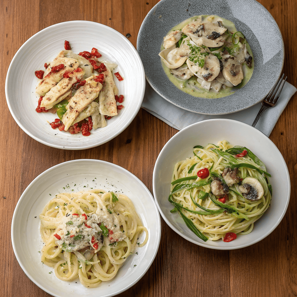 Different variations of Garlic Parmesan Chicken Pasta: classic creamy, spicy, vegetarian, and low-carb with zucchini noodles