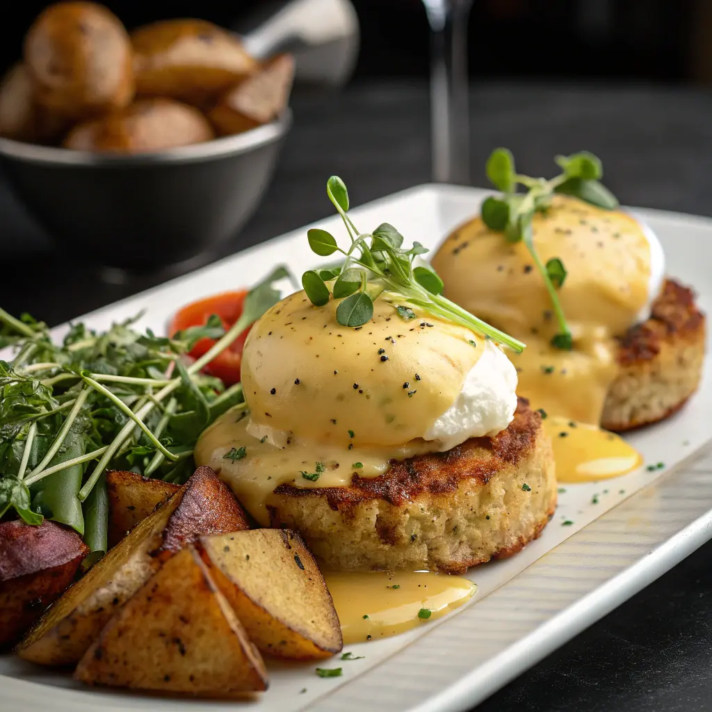 A beautifully plated crab cake eggs Benedict dish, garnished with microgreens, served with crispy roasted potatoes.