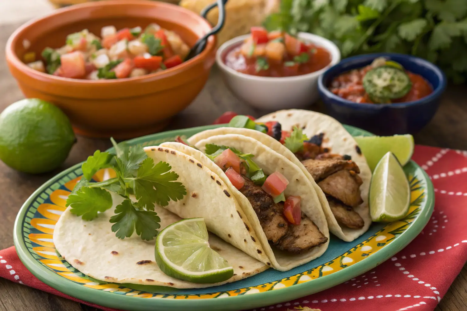 Fresh ingredients for Tacos a la Madre including tortillas, meat, and salsa.