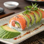 Msalmon Avocado Roll beautifully presented on a sushi plate.