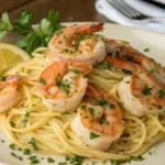 Delicious shrimp scampi served with linguine pasta and garlic butter sauce.