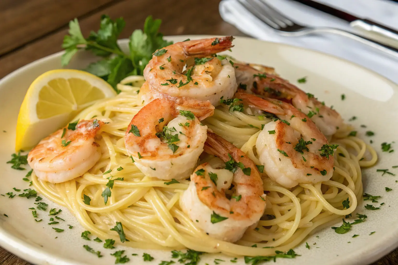 Delicious shrimp scampi served with linguine pasta and garlic butter sauce.