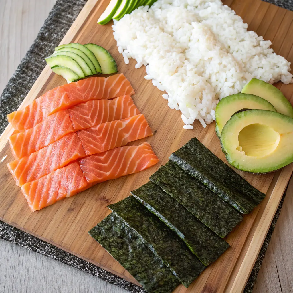 Ingredients for Msalmon Avocado Roll on a wooden board.