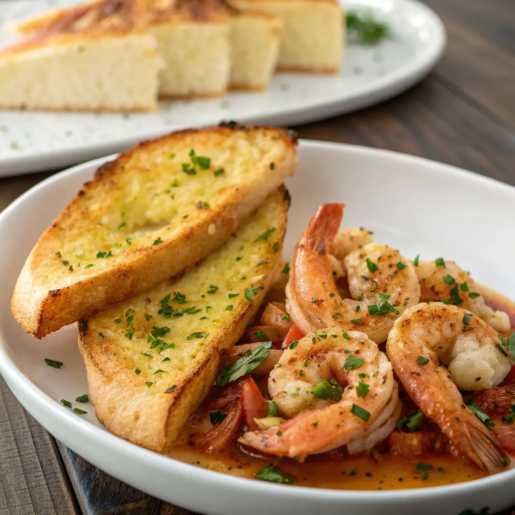 Crispy garlic bread slices beside a plate of shrimp scampi.