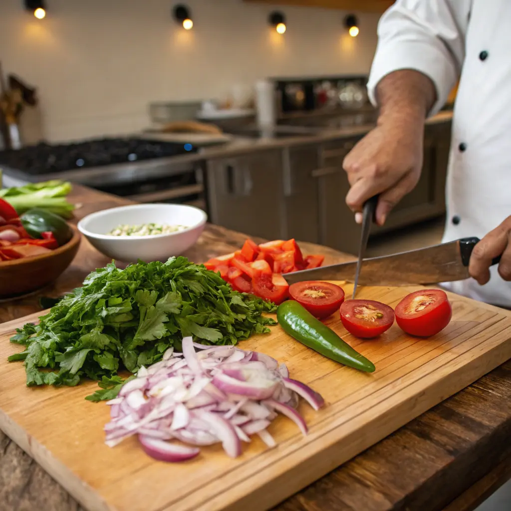 Preparing homemade salsa for Tacos a la Madre.