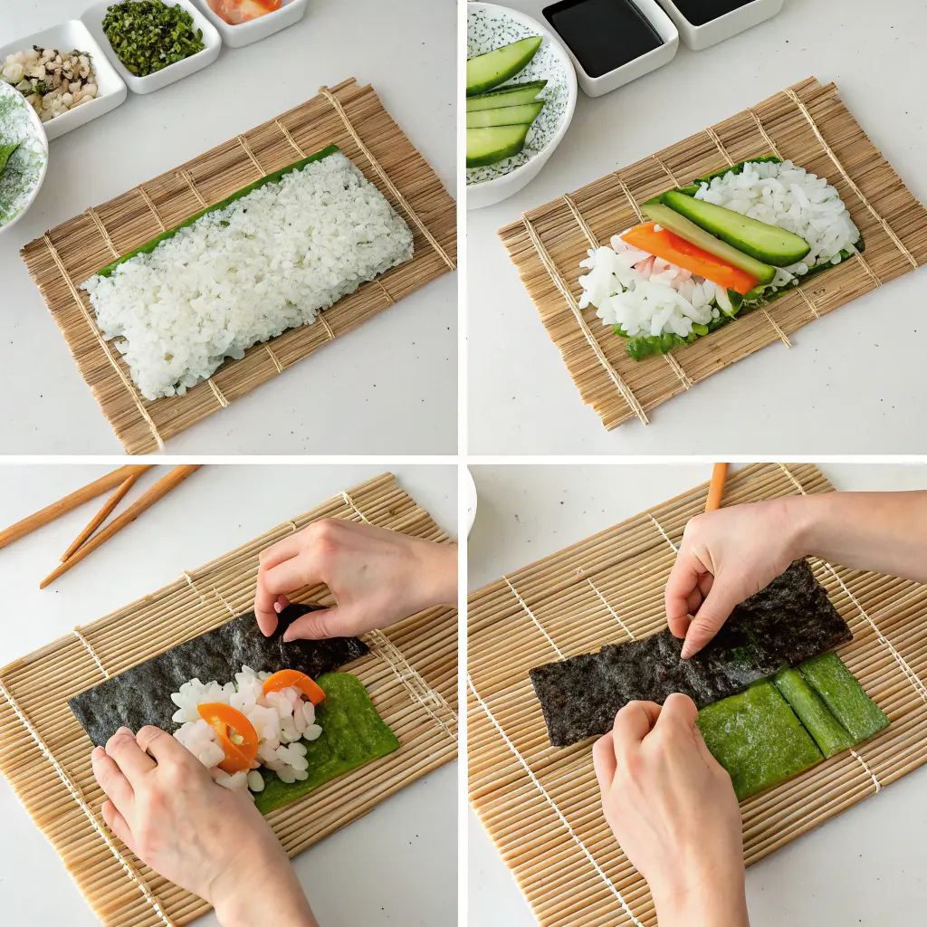 Step-by-step sushi rolling process for Msalmon Avocado Roll.