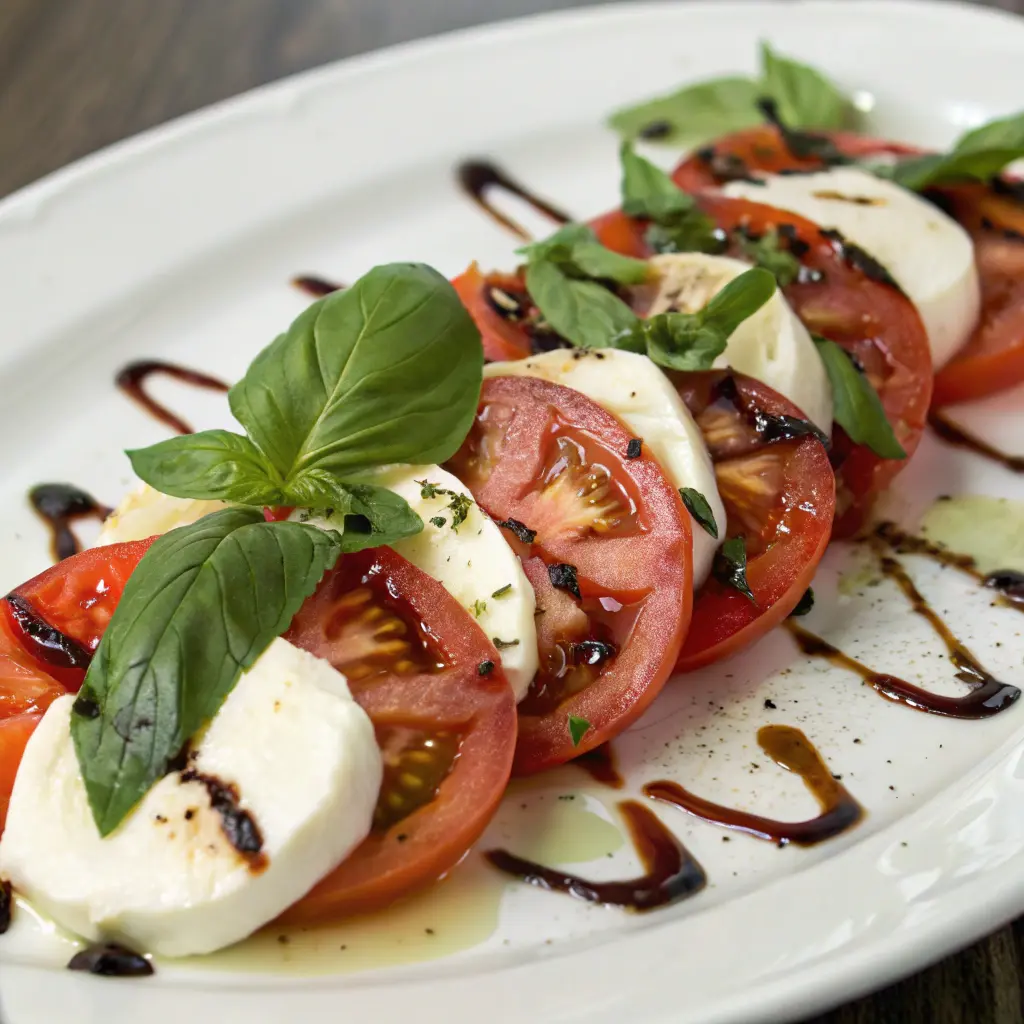 Fresh Caprese salad with tomatoes, mozzarella, basil, and balsamic glaze.