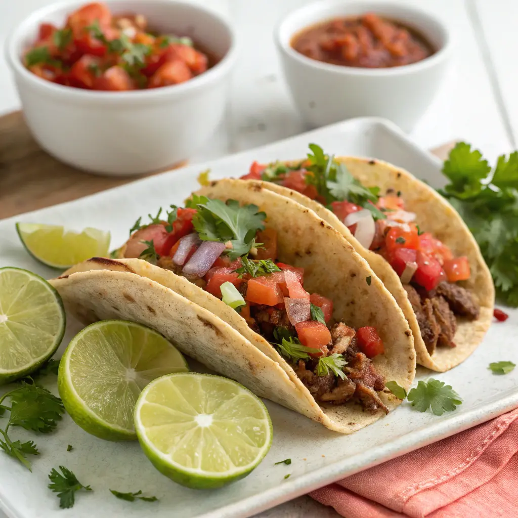 Serving Tacos a la Madre with lime and salsa garnish.