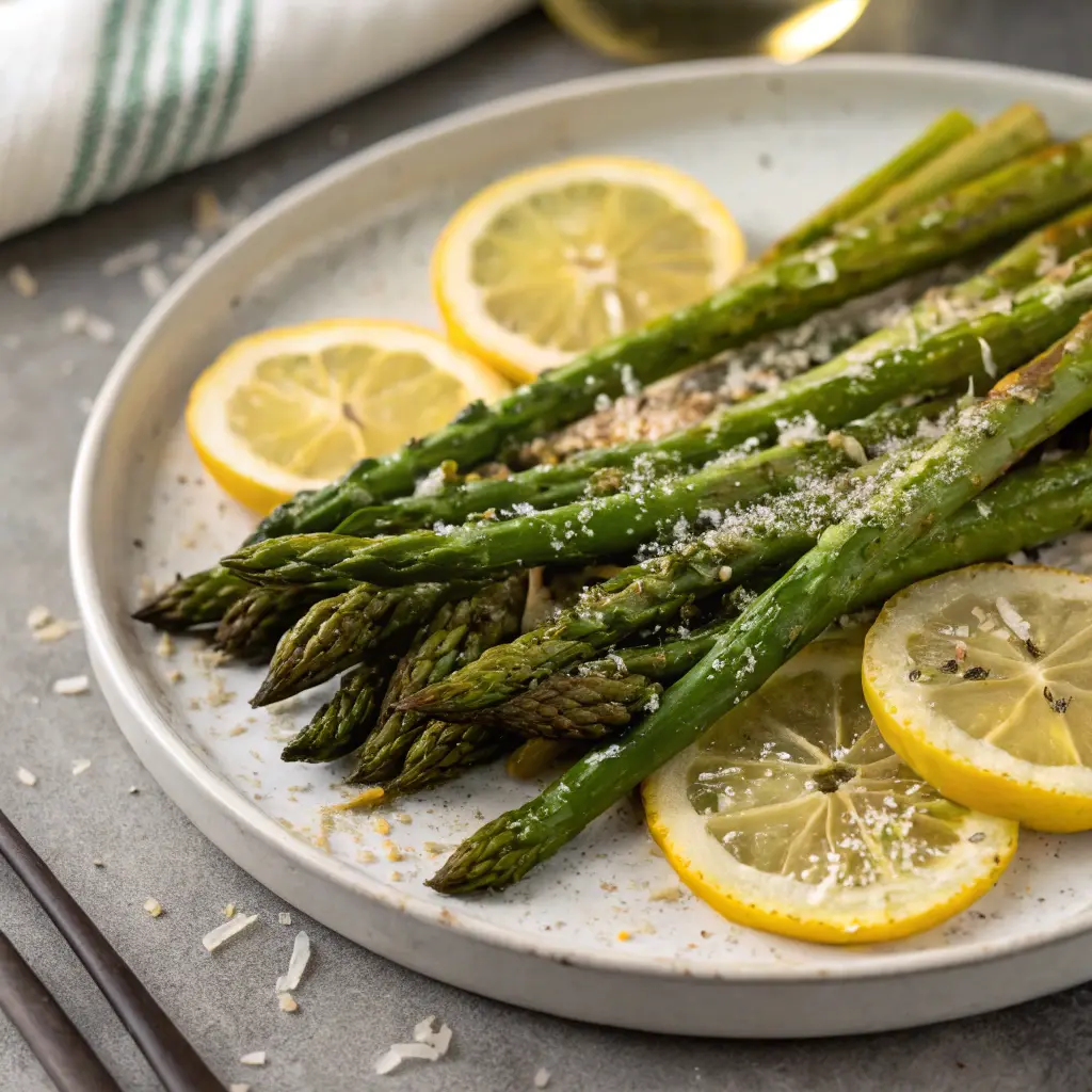 Golden roasted asparagus served with lemon and parmesan