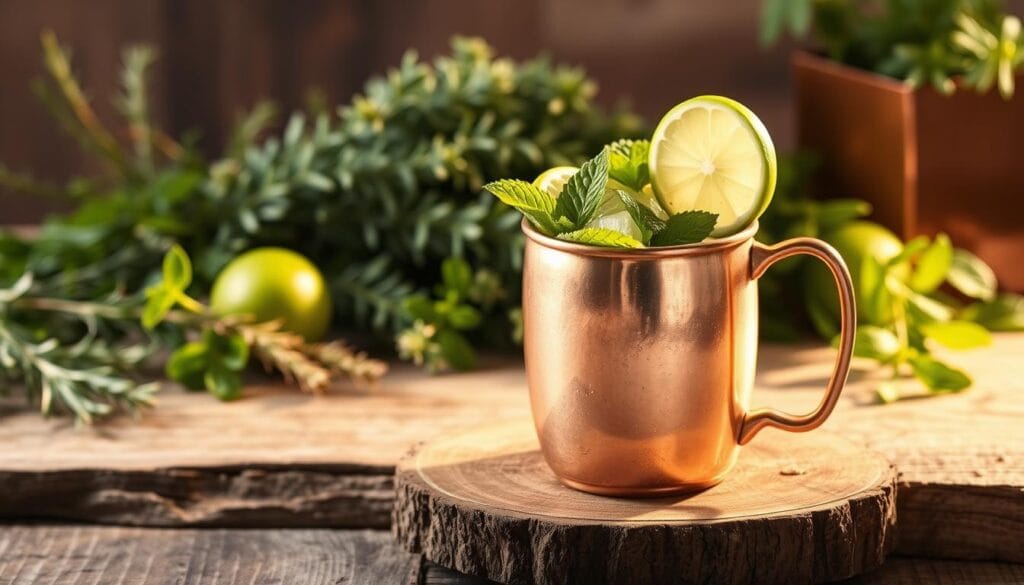 A copper-colored Kentucky Mule cocktail, garnished with fresh mint sprigs, lime wedges, and ginger slices. The glass is set on a rustic wooden table, with a background of lush, verdant herbs like rosemary, thyme, and oregano. Soft, golden lighting illuminates the scene, creating a cozy, sophisticated atmosphere. The drink is presented in a classic Moscow Mule mug, its shiny surface reflecting the natural hues of the ingredients. The overall composition evokes a sense of herbal, earthy elegance, perfectly capturing the essence of a "Herbal Kentucky Mule." A copper-colored Kentucky Mule cocktail, garnished with fresh mint sprigs, lime wedges, and ginger slices. The glass is set on a rustic wooden table, with a background of lush, verdant herbs like rosemary, thyme, and oregano. Soft, golden lighting illuminates the scene, creating a cozy, sophisticated atmosphere. The drink is presented in a classic Moscow Mule mug, its shiny surface reflecting the natural hues of the ingredients. The overall composition evokes a sense of herbal, earthy elegance, perfectly capturing the essence of a "Herbal Kentucky Mule."