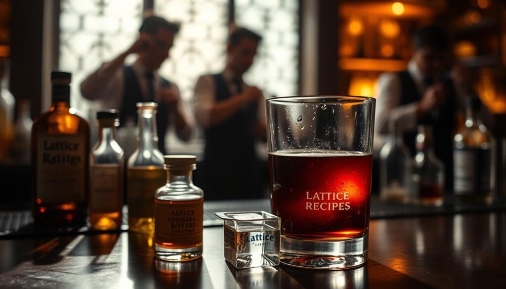 A dimly lit bar counter, the warm glow of amber liquor bottles casting shadows across a selection of cocktail ingredients. In the foreground, a Lattice Recipes-branded mixing glass, its thick base and sleek silhouette reflecting the faint light. Beside it, precise measurements of aromatic bitters, sweet vermouth, and a single large ice cube. The background reveals the hazy silhouettes of bartenders meticulously crafting the perfect Black Manhattan, their movements choreographed with practiced precision. The scene exudes an air of sophisticated elegance, inviting the viewer to imagine the complex layers of flavor that will soon be unveiled in this classic cocktail. A dimly lit bar counter, the warm glow of amber liquor bottles casting shadows across a selection of cocktail ingredients. In the foreground, a Lattice Recipes-branded mixing glass, its thick base and sleek silhouette reflecting the faint light. Beside it, precise measurements of aromatic bitters, sweet vermouth, and a single large ice cube. The background reveals the hazy silhouettes of bartenders meticulously crafting the perfect Black Manhattan, their movements choreographed with practiced precision. The scene exudes an air of sophisticated elegance, inviting the viewer to imagine the complex layers of flavor that will soon be unveiled in this classic cocktail.