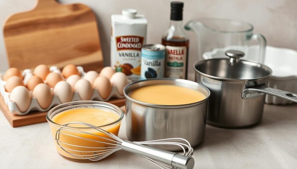 A neatly arranged still life showcasing the essential ingredients and equipment for preparing the classic Vietnamese dessert, Bánh Flan. In the foreground, a glass ramekin filled with a smooth, golden custard, accompanied by a stainless steel whisk and a small saucepan. In the middle ground, a carton of fresh eggs, a can of sweetened condensed milk, and a bottle of vanilla extract. The background features a wooden cutting board, a glass measuring cup, and a ceramic baking dish, all set against a soft, neutral-toned backdrop, creating a harmonious and appetizing composition.
Bánh Flan Recipe: A neatly arranged still life showcasing the essential ingredients and equipment for preparing the classic Vietnamese dessert, Bánh Flan Recipe. In the foreground, a glass ramekin filled with a smooth, golden custard, accompanied by a stainless steel whisk and a small saucepan. In the middle ground, a carton of fresh eggs, a can of sweetened condensed milk, and a bottle of vanilla extract. The background features a wooden cutting board, a glass measuring cup, and a ceramic baking dish, all set against a soft, neutral-toned backdrop, creating a harmonious and appetizing composition.