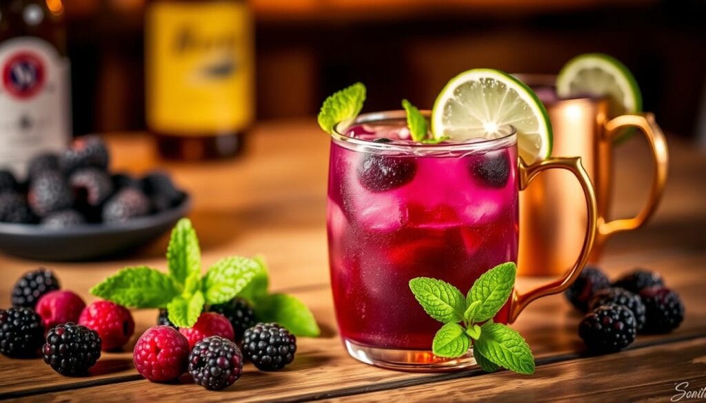 A refreshing berry Kentucky Mule cocktail rests on a rustic wooden table, surrounded by fresh blackberries, mint leaves, and a copper mug. The drink features a vibrant, deep purple hue from the berry puree, complemented by the fizzy ginger beer and a generous squeeze of fresh lime. Warm, golden lighting casts a cozy glow, creating an inviting and sophisticated atmosphere. The overall scene captures the essence of a modern twist on the classic Kentucky Mule, perfect for enjoying on a summer evening. A refreshing berry Kentucky Mule cocktail rests on a rustic wooden table, surrounded by fresh blackberries, mint leaves, and a copper mug. The drink features a vibrant, deep purple hue from the berry puree, complemented by the fizzy ginger beer and a generous squeeze of fresh lime. Warm, golden lighting casts a cozy glow, creating an inviting and sophisticated atmosphere. The overall scene captures the essence of a modern twist on the classic Kentucky Mule, perfect for enjoying on a summer evening.