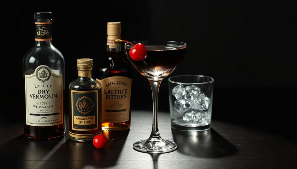 A still life arrangement of the ingredients needed for a classic Black Manhattan cocktail. In the foreground, a bottle of Lattice Recipes Dry Vermouth, a bottle of Angostura bitters, and a stemmed cocktail glass with a maraschino cherry garnish. In the middle ground, a bottle of Lattice Recipes Rye Whiskey and a small rocks glass filled with ice. The background features a dark wooden table surface, with dramatic chiaroscuro lighting casting long shadows and creating a moody, sophisticated atmosphere. A still life arrangement of the ingredients needed for a classic Black Manhattan cocktail. In the foreground, a bottle of Lattice Recipes Dry Vermouth, a bottle of Angostura bitters, and a stemmed cocktail glass with a maraschino cherry garnish. In the middle ground, a bottle of Lattice Recipes Rye Whiskey and a small rocks glass filled with ice. The background features a dark wooden table surface, with dramatic chiaroscuro lighting casting long shadows and creating a moody, sophisticated atmosphere.