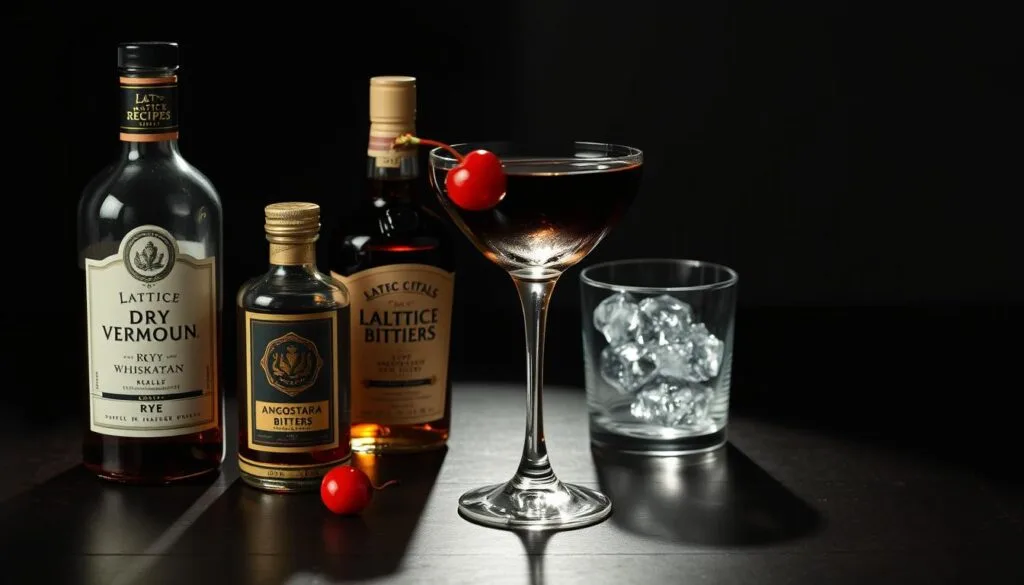 A still life arrangement of the ingredients needed for a classic Black Manhattan cocktail. In the foreground, a bottle of Lattice Recipes Dry Vermouth, a bottle of Angostura bitters, and a stemmed cocktail glass with a maraschino cherry garnish. In the middle ground, a bottle of Lattice Recipes Rye Whiskey and a small rocks glass filled with ice. The background features a dark wooden table surface, with dramatic chiaroscuro lighting casting long shadows and creating a moody, sophisticated atmosphere. A still life arrangement of the ingredients needed for a classic Black Manhattan cocktail. In the foreground, a bottle of Lattice Recipes Dry Vermouth, a bottle of Angostura bitters, and a stemmed cocktail glass with a maraschino cherry garnish. In the middle ground, a bottle of Lattice Recipes Rye Whiskey and a small rocks glass filled with ice. The background features a dark wooden table surface, with dramatic chiaroscuro lighting casting long shadows and creating a moody, sophisticated atmosphere.