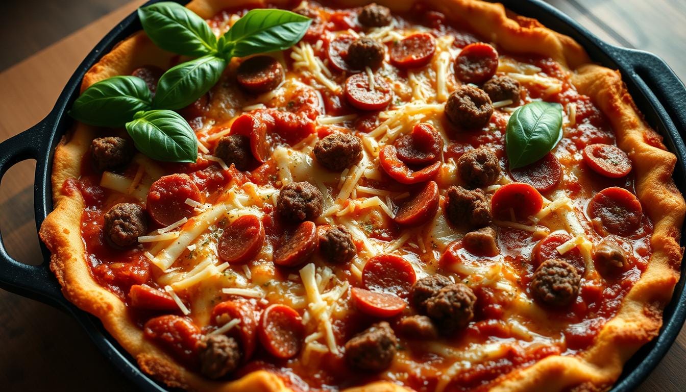 A golden-baked Meatzza casserole fresh out of the oven, topped with melted cheese, pepperoni slices, and a sprinkle of herbs.