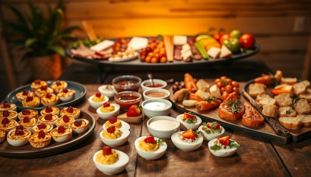 A beautifully lit and neatly arranged spread of delectable party appetizers atop a rustic wooden table. In the foreground, an assortment of bite-sized hors d'oeuvres, such as savory mini quiches, creamy deviled eggs, and elegantly-plated crudités with a variety of dipping sauces. The middle ground features artfully-displayed platters of cured meats, cheeses, and fresh fruits, complemented by sprigs of aromatic herbs. In the background, a soft, warm lighting creates a cozy, inviting atmosphere, casting a gentle glow over the scene. The overall composition exudes a sense of effortless sophistication and celebration, perfectly capturing the essence of "Party-Perfect JustALittleBite Appetizers". A beautifully lit and neatly arranged spread of delectable party appetizers atop a rustic wooden table. In the foreground, an assortment of bite-sized hors d'oeuvres, such as savory mini quiches, creamy deviled eggs, and elegantly-plated crudités with a variety of dipping sauces. The middle ground features artfully-displayed platters of cured meats, cheeses, and fresh fruits, complemented by sprigs of aromatic herbs. In the background, a soft, warm lighting creates a cozy, inviting atmosphere, casting a gentle glow over the scene. The overall composition exudes a sense of effortless sophistication and celebration, perfectly capturing the essence of "Party-Perfect JustALittleBite Appetizers".