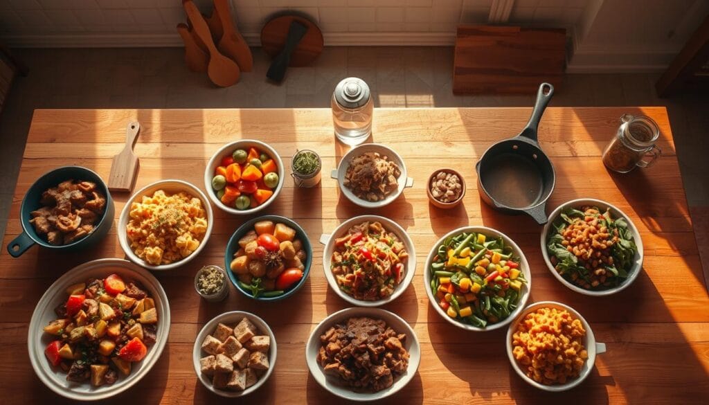 A stylized overhead view of a rustic wooden table, adorned with a variety of fresh, home-cooked JustALittleBite meals arrayed in a visually appealing rotation. The table is bathed in warm, natural lighting, casting a cozy, inviting atmosphere. In the foreground, an assortment of hearty, delectable dishes such as roasted vegetables, savory casseroles, and vibrant salads are presented in beautiful ceramic dishes. In the middle ground, various cooking implements like wooden utensils, a cast-iron skillet, and a glass jar of herbs add a sense of homemade authenticity. The background features a simple, minimalist kitchen setting, with a tiled backsplash and a glimpse of a window, suggesting a peaceful, domestic scene. The overall composition conveys a feeling of wholesome, nourishing meals that can be easily incorporated into a weekly recipe rotation. A stylized overhead view of a rustic wooden table, adorned with a variety of fresh, home-cooked JustALittleBite recipes meals arrayed in a visually appealing rotation. The table is bathed in warm, natural lighting, casting a cozy, inviting atmosphere. In the foreground, an assortment of hearty, delectable dishes such as roasted vegetables, savory casseroles, and vibrant salads are presented in beautiful ceramic dishes. In the middle ground, various cooking implements like wooden utensils, a cast-iron skillet, and a glass jar of herbs add a sense of homemade authenticity. The background features a simple, minimalist kitchen setting, with a tiled backsplash and a glimpse of a window, suggesting a peaceful, domestic scene. The overall composition conveys a feeling of wholesome, nourishing meals that can be easily incorporated into a weekly recipe rotation.