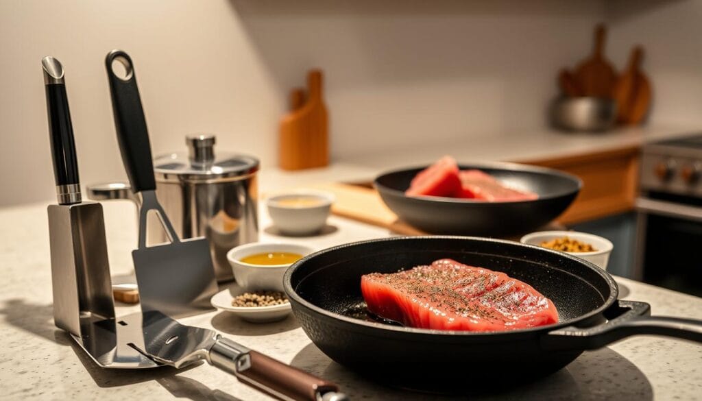 A well-lit kitchen counter, showcasing an assortment of tools essential for searing tuna. In the foreground, a sharp chef's knife, a sturdy pair of tongs, and a stainless steel spatula, all gleaming under the soft, diffused lighting. In the middle ground, a high-quality cast-iron skillet, its surface heated to a shimmering sear, ready to caress the fresh tuna steaks. Alongside, a small ramekin of aromatic spices and a drizzle of fragrant oil, the ingredients for the perfect sear. In the background, a clean, minimalist kitchen, with clean lines and natural wood accents, creating a serene and focused atmosphere for the culinary process. A well-lit kitchen counter, showcasing an assortment of tools essential for searing tuna. In the foreground, a sharp chef's knife, a sturdy pair of tongs, and a stainless steel spatula, all gleaming under the soft, diffused lighting. In the middle ground, a high-quality cast-iron skillet, its surface heated to a shimmering sear, ready to caress the fresh tuna steaks. Alongside, a small ramekin of aromatic spices and a drizzle of fragrant oil, the ingredients for the perfect sear. In the background, a clean, minimalist kitchen, with clean lines and natural wood accents, creating a serene and focused atmosphere for the culinary process.